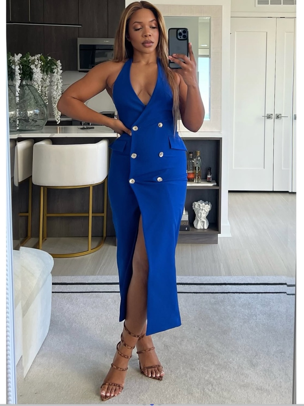 Zara Sleeveless Double-Breasted Midi Dress in Cobalt Blue